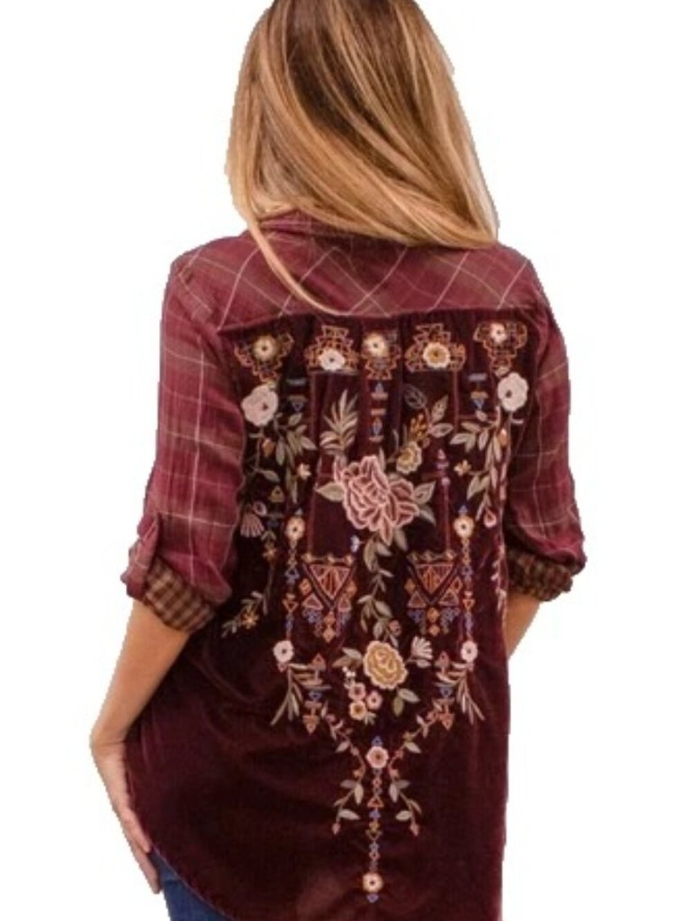 NWT Kyla Seo Dakota Velour Floral Embroidered Plaid Shirt Boho Western S Small